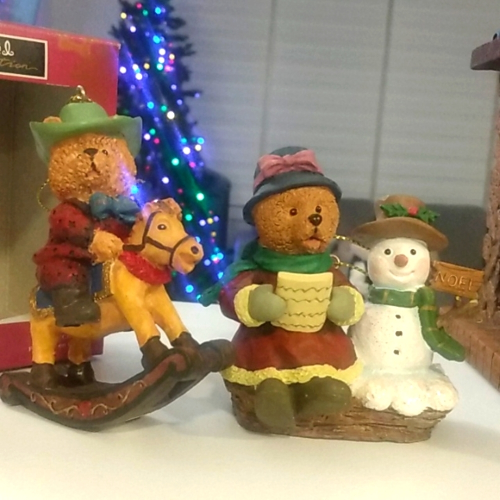 Noel Teddy Bears Rocking Horse & Carol Singing Snowman Collectible Gift Ornament